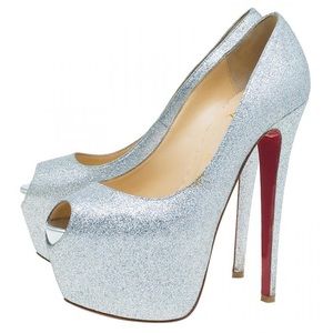 Christian Louboutin Silver Glitter Highness Peep Toe Platform 37.5